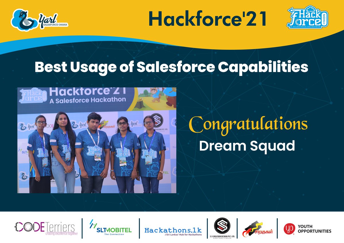 YarlSFO's tweet photo. Congratulations Dream Squad & Trailbees for winning the Special Mention Awards in the Grand final of #Hackforce21. Best Usage of Salesforce Capabilities award to Dream Squad & Best Innovative Idea award to Trailbees. Both teams won LKR 10,000 cash prizes.
#Salesforce #Hackathon https://t.co/ZYrPq1rBZM