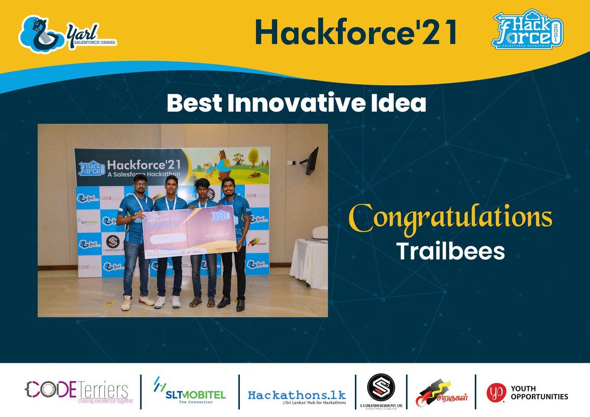 YarlSFO's tweet photo. Congratulations Dream Squad & Trailbees for winning the Special Mention Awards in the Grand final of #Hackforce21. Best Usage of Salesforce Capabilities award to Dream Squad & Best Innovative Idea award to Trailbees. Both teams won LKR 10,000 cash prizes.
#Salesforce #Hackathon https://t.co/ZYrPq1rBZM