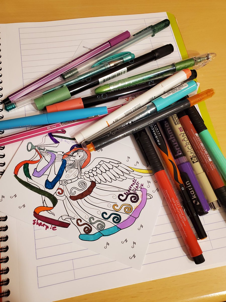 I_Be_LoLo's tweet photo. First step, determining which pens and markers won't bleed through. Second step, deciding which fountain pen/ink combinations look best. #AmColoring #AmCrafting https://t.co/ISiUvWs0Lr