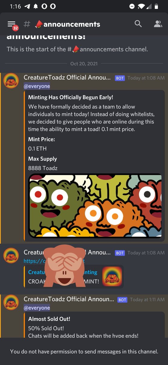 0xKiwi_'s tweet photo. @CreatureToadz discord compromised, hackers took admin roles, removed all discussion, and announced a fake mint straight into a wallet. Already 73 ETH stolen. 

Be vigilant people. Pay attention. DO NOT MINT CREATURETOADZ https://t.co/Sma8mu7kpn