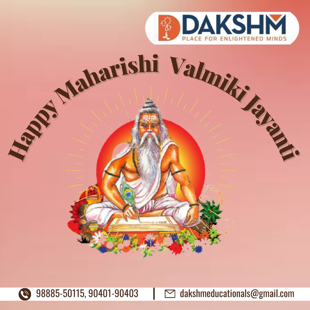 dvmdakshm's tweet photo. Lord Valmiki’s life teaches us that we are not born good or evil, it’s our deeds that determine our greatness. DVM Dakshm wishes you a Happy Valmiki Jayanti! 
#ValmikiJayanti #ValmikiJayanti2021 #dwaraka #HareKrishna #valmiki #dakshmeducationals #dakshm https://t.co/JNxDSOBa2a