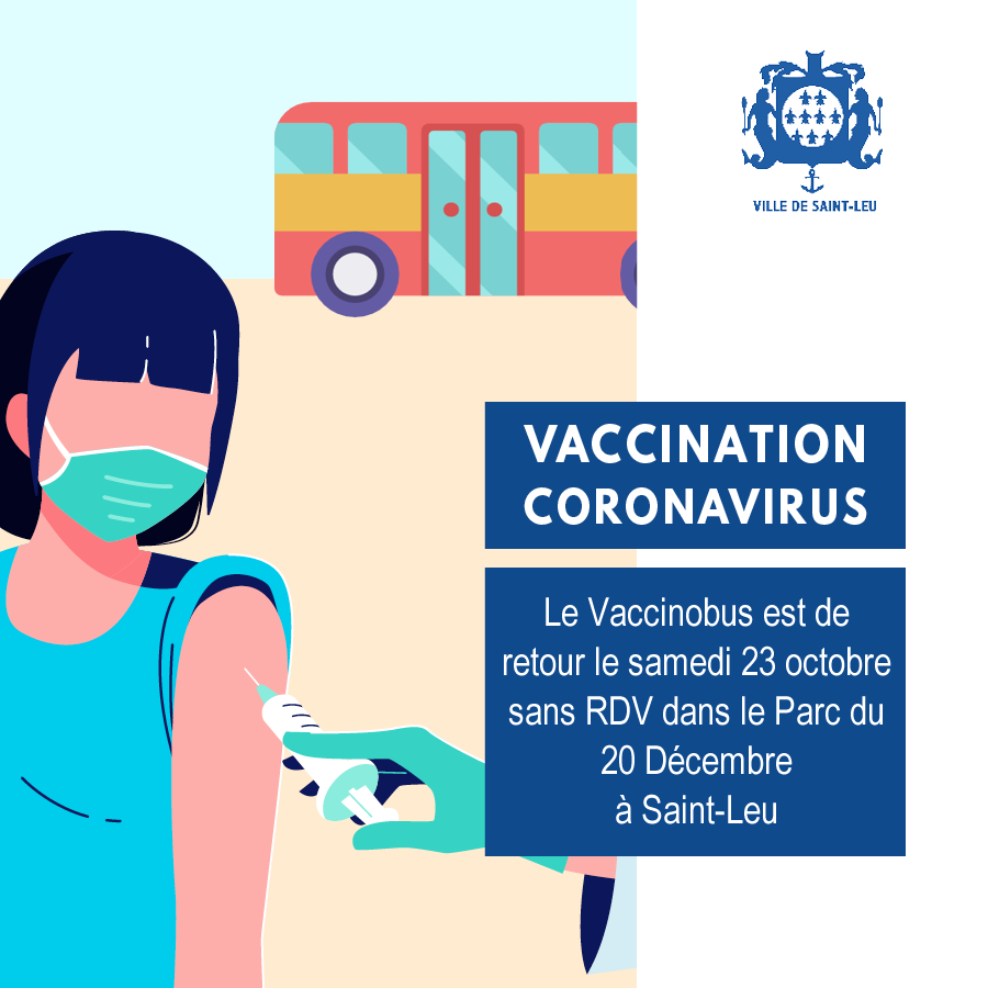 L’Agence Régionale de Santé de La Réunion (#ARSRéunion), en lien avec la commune de #SaintLeu, renouvelle l'opération #Vaccinobus.
Le Vaccinobus est de retour au Parc du 20 Décembre le samedi 23 octobre 2021 de 8h à 17h sans rendez-vous