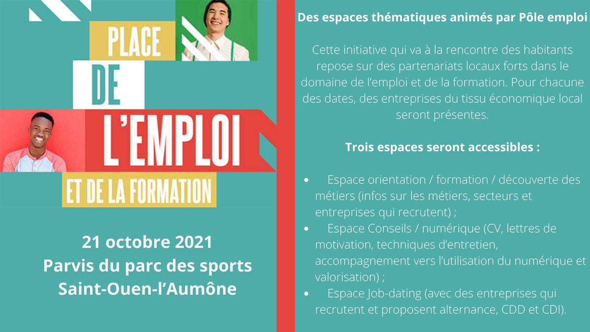 Sandra_LEBON_95's tweet photo. #Rappel Le 21 octobre de 13 à 17H, un évènement Bassin Place de l’emploi et de la formation sur le Parvis du Parc des sports à Saint-Ouen-l’Aumône (4 Boulevard Ducher) #PoleEmploi #SOA #Recrutement #Emploi #AUCHAN #VAPIANO #CLEOGROUP #OVEASSOCIATION #OnEstLaPourVous https://t.co/jt5cr2inqt