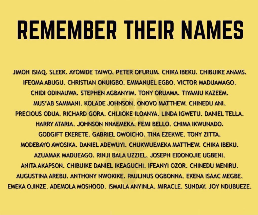 VictorIsrael_'s tweet photo. Remember their names

Retweet Aggressively 

#EndSARSMemorial #EndSARS https://t.co/UOq4zMfmru