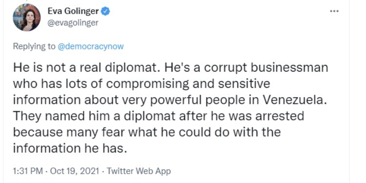 ddematteis's tweet photo. “No es un verdadero diplomático. Es un corrupto que tiene mucha información”: Eva Golinger le dio con todo a Alex Saab #venezuela https://t.co/0mITR15Aos