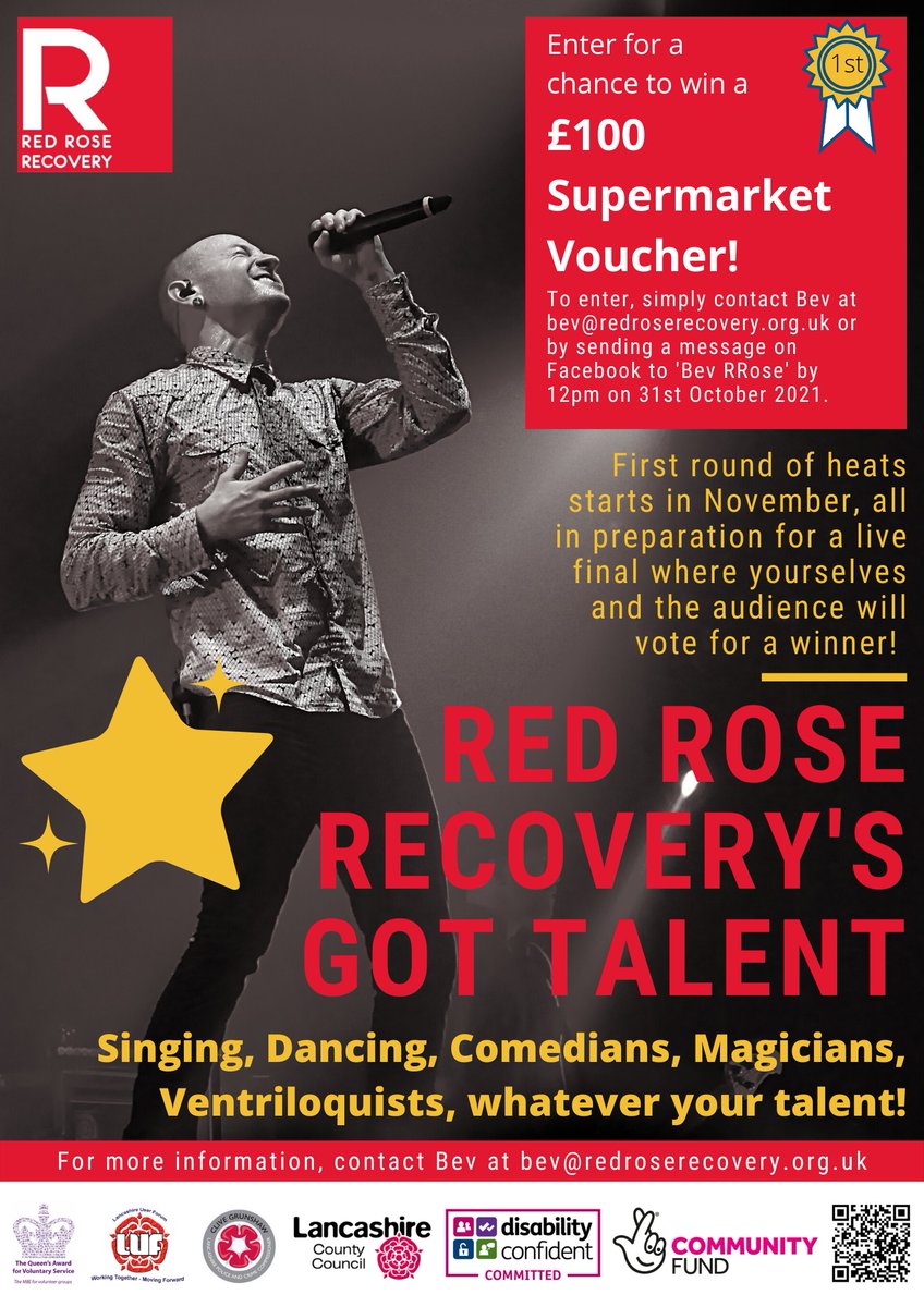 RRR_LUF's tweet photo. ⭐️ Red Rose Recovery's Got Talent ⭐️ 

 Do not miss this opportunity to win £100 supermarket voucher and to show off your talent !

Contact bev@redroserecovery.org.uk to sign up or for more information 

Good Luck! 🎤 https://t.co/yklRLVaY36