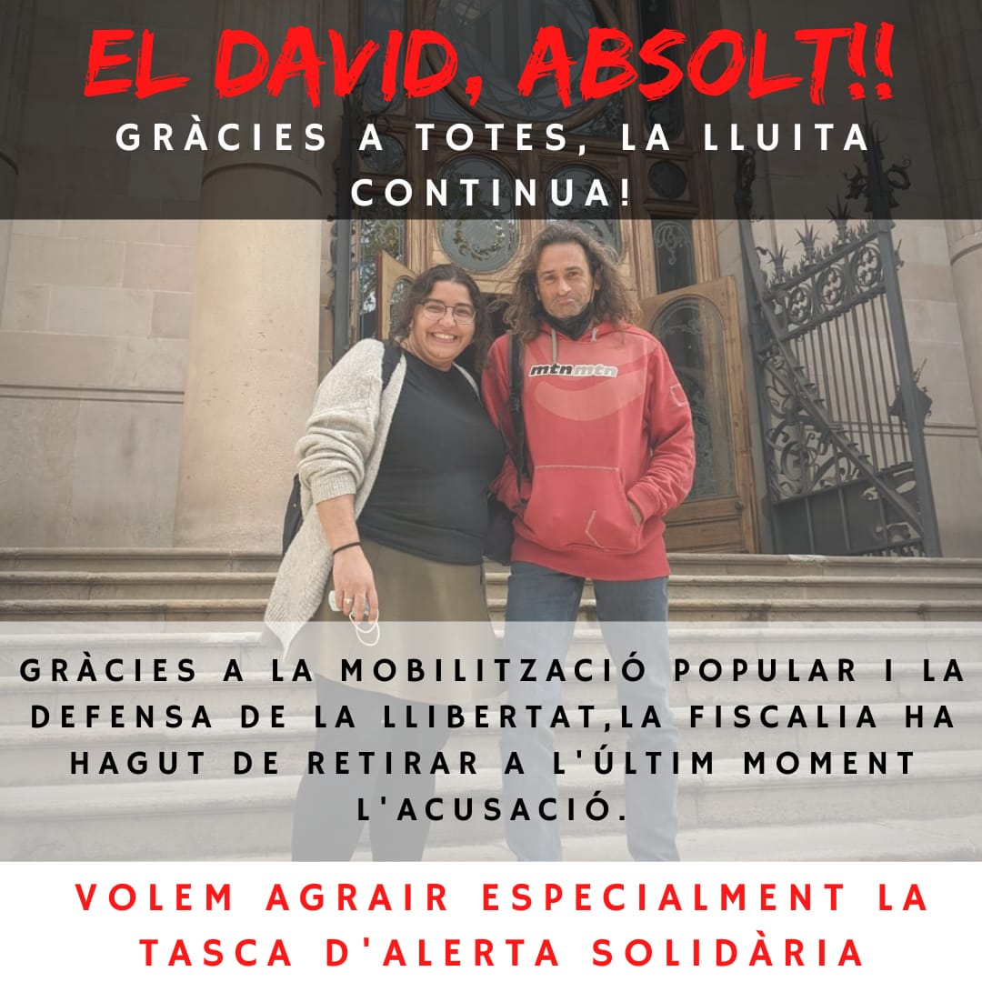 CUPMatadepera's tweet photo. Amb immensa alegria, informem que el company David Vallhonrat ha quedat absolt després del judici. Agraïm el suport rebut pel poble durant la seva detenció i, sobretot, la tasca de les advocades d'@alertasolidaria.

La repressió no posarà fre a la lluita independentista! ✊🏽 https://t.co/AR2K3Ab5OR