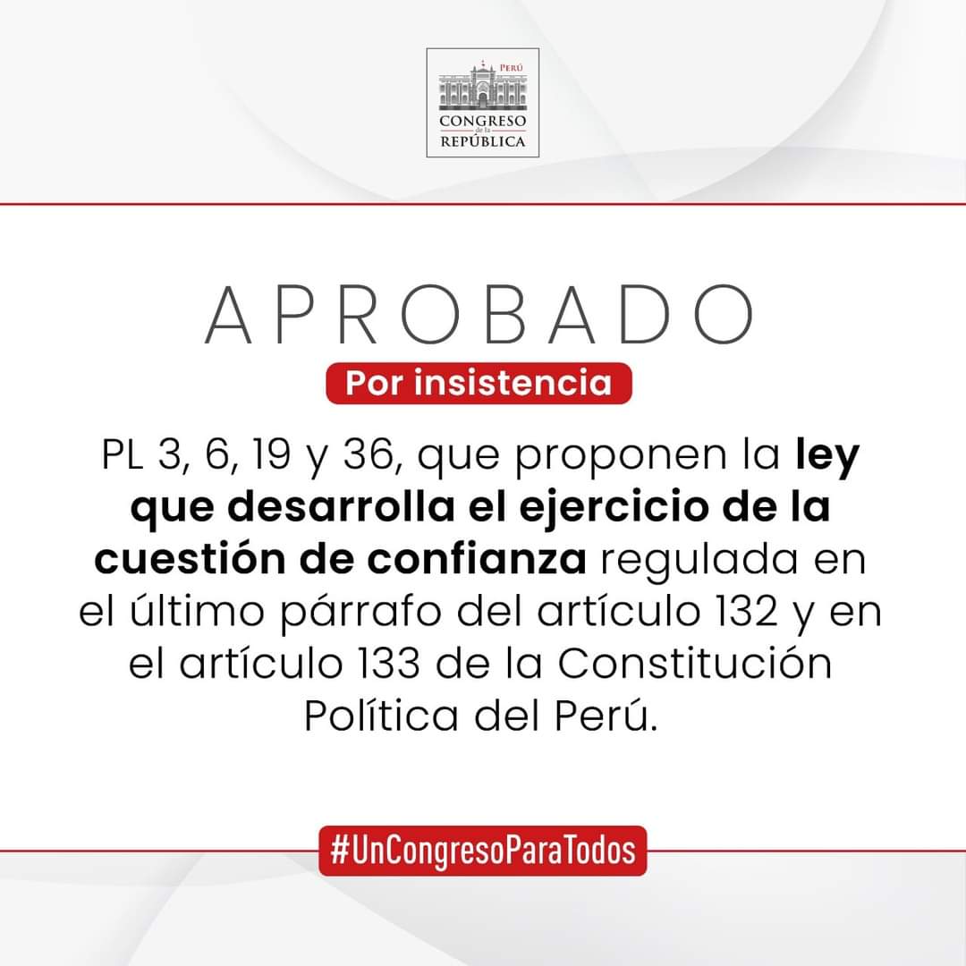 fpbarranco1's tweet photo. Con 79 votos a favor, 43 en contra y 3 abstenciones, se APROBÓ POR INSISTENCIA la autógrafa que regula la Aplicación de la #CuestionDeConfianza. @patty_juarez_ @NanoGuerra4 @rosangellafp @Frospigliosi @milytakayama @msalazarcongres @LuzSalgado_R @marthamoyano @KeikoFujimori https://t.co/QyO3ZqPaqd