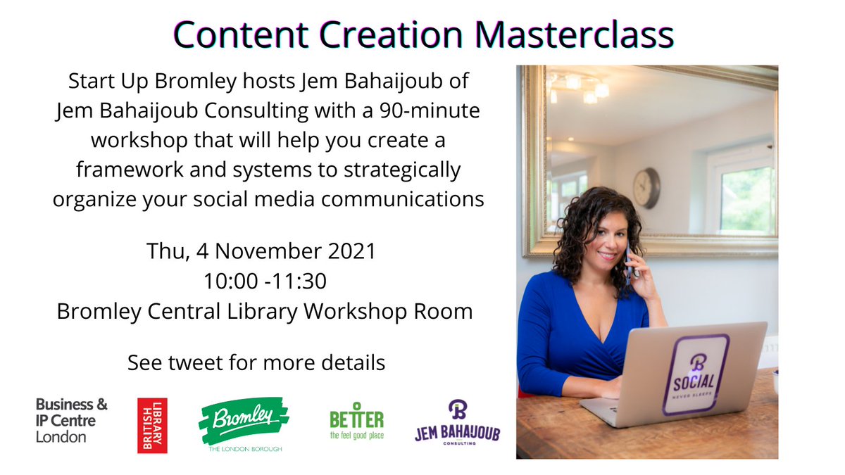 NEW EVENT ALERT! Thur 4th Nov 10:00 – 11:30 @jembahaijoub will be leading a Content Creation Masterclass to show how you can create captivating visuals and social media content for your business. Registration is essential: shorturl.at/ksJY0 #BusinessSupport #YourBromley