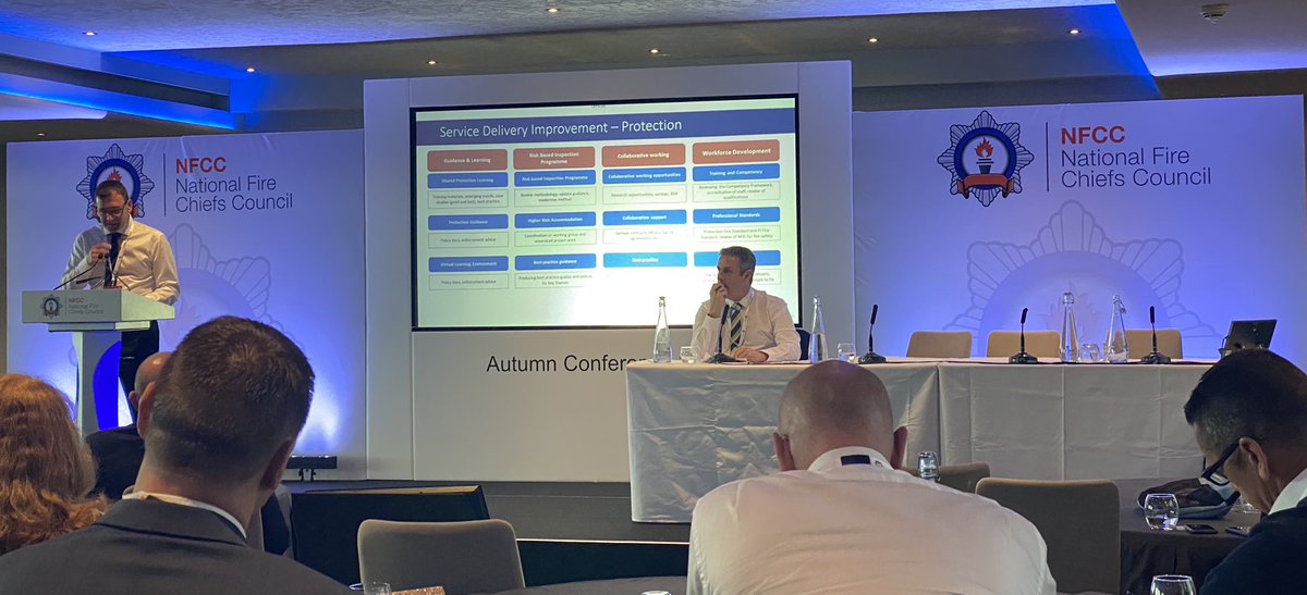 Wayne_Brown5's tweet photo. @GavinGtomlins addresses the @NFCC_FireChiefs #NFCCAutumn conference on the future approach to Protection activity, and the work of the #PPRU #CommunityRiskReduction https://t.co/GHktQ8RJwX