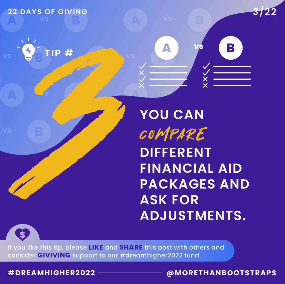 MBootstraps's tweet photo. #22daysofgiving Day #3: Private institutions have lots of flexibility with aid money, but even public institutions do. It doesn’t hurt to reach out to the financial aid office and ask! Do you have an experience to share? Comment! #dreamhigher2022 @PassaicSchools https://t.co/bnnHM3nr3K