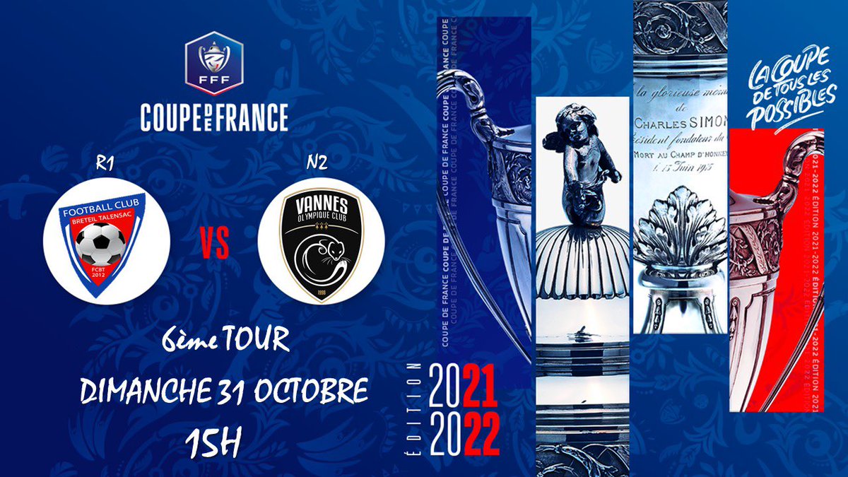 FCBT35's tweet photo. [COUPE DE FRANCE]

Pour le 6ème Tour de la Coupe de France le FCBT recevra le @VOC_officiel (N2) le dimanche 31 Octobre a Breteil !!

Tout le monde sur le pont pour marquer l’histoire du Club 🔥🔥💪🏼

#TEAMFCBT❤️💙 https://t.co/FuJHgBgDMo