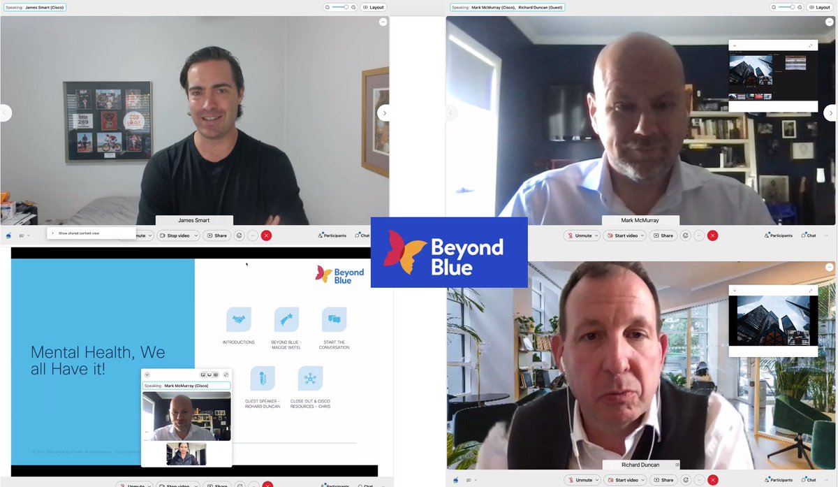 VarshaKanwar's tweet photo. Thank you @mcmurray_mark @CiscoANZ + #Cisco APJC #LiveLearnLaugh team for organizing an informative and inspiring virtual #giveback with @beyondblue. Loved the bold &amp; vulnerable authenticity by Richard Duncan, @ChrisHeckscher &amp; James Smart. #MentalHealthIsHealth #WeAreCisco https://t.co/luJEfRboQS