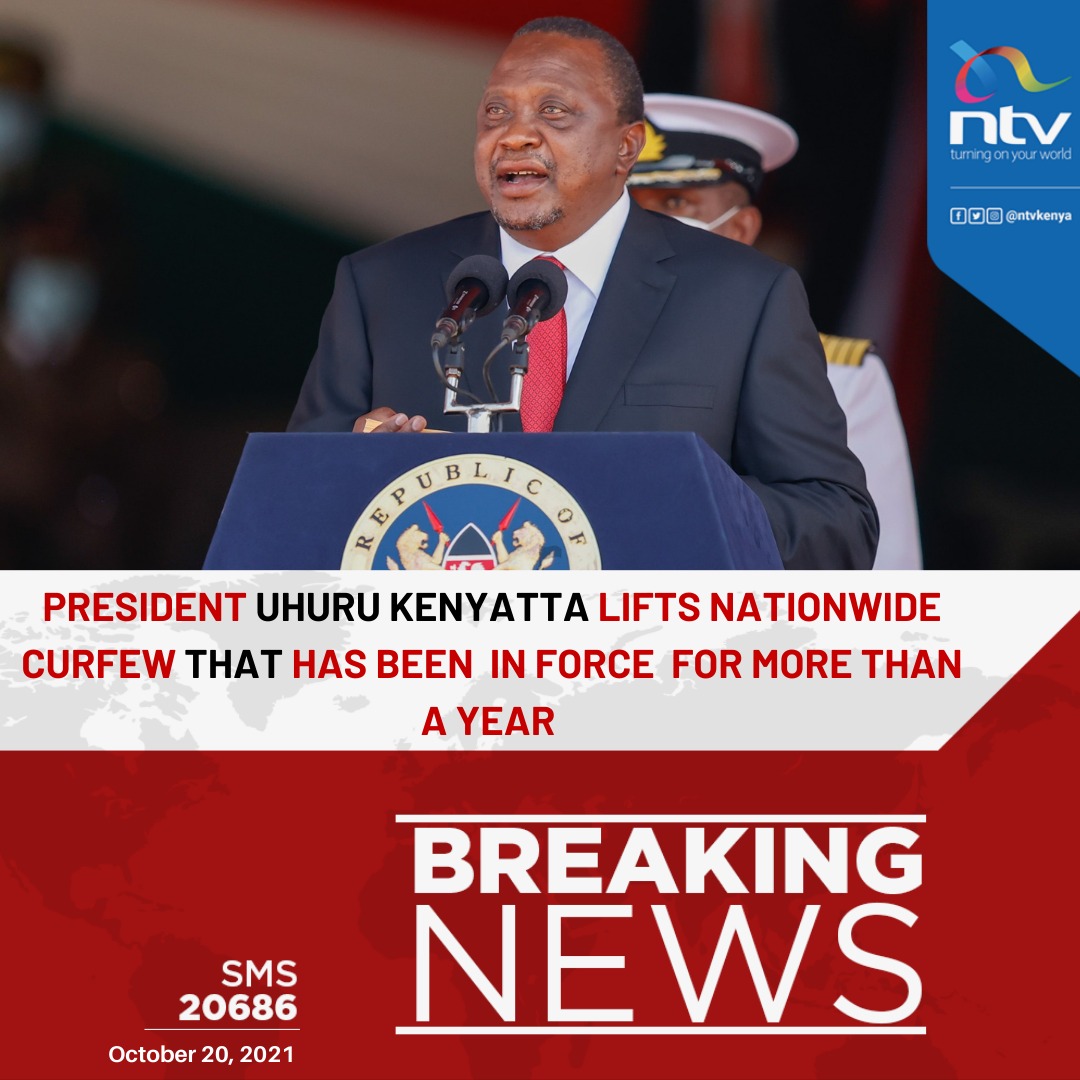 BREAKING: President Uhuru Kenyatta lifts the nationwide curfew

#HappyMashujaaDay2021