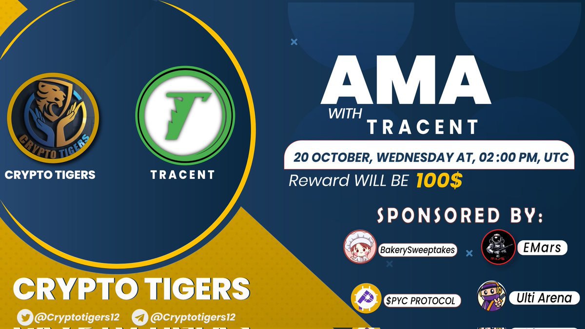 OfficialTracent's tweet photo. Crypto Tigers will host #AMA with Tracent on 20 October 2021 at 2:00 PM UTC 💰Rewards Pool : $100 USDT 🏠Venue : https://t.co/KUyzMz6VOc Rules: 1⃣ Follow @cryptotigers12 &amp; @OfficialTracent 2⃣ Like &amp; Retweet 3⃣ Comment Questions &amp; Tag 3 Friends https://t.co/Tul3HCZkjC