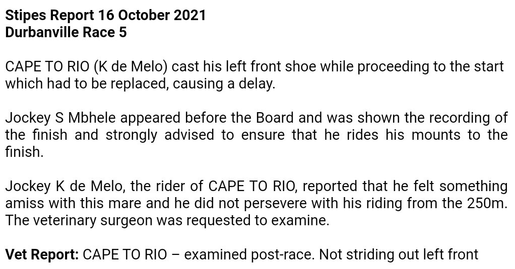 NHASouthAfrica's tweet photo. The attached excerpt is from the #StipesReport for Race 5 at #Durbanville on 16 October 2021 https://t.co/Nz4P97kl7n