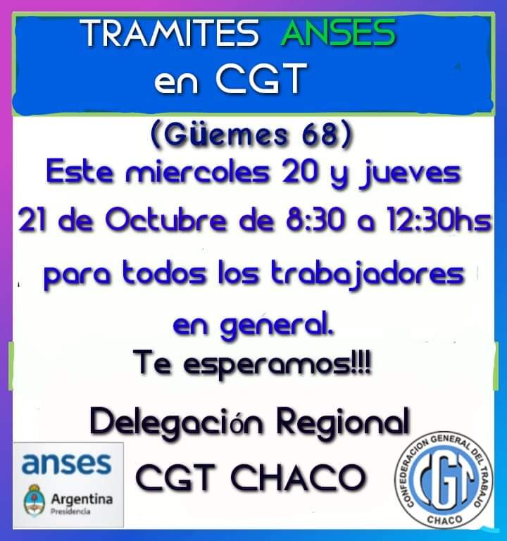 TRÁMITES DE #ANSES en #CGT #CHACO

ESTIMADOS COMPAÑERAS Y COMPAÑEROS TRABAJADORES INFORMAMOS QUE Hoy miércoles 20/10 y jueves 21/10 podrán realizar trámites de <a href="/ansesgob/">ANSES</a> en #CGT #CHACO Güemes N° 68 !!! 💪🏽

<a href="/gracielaranda/">Graciela Aranda</a> 
@JorgeConcejalOk
<a href="/MG_Justicia/">Mariano Gauto</a>
<a href="/am620chaco/">Radio Nacional Resistencia</a>
<a href="/GremialDePrensa/">Gremial de Prensa</a>