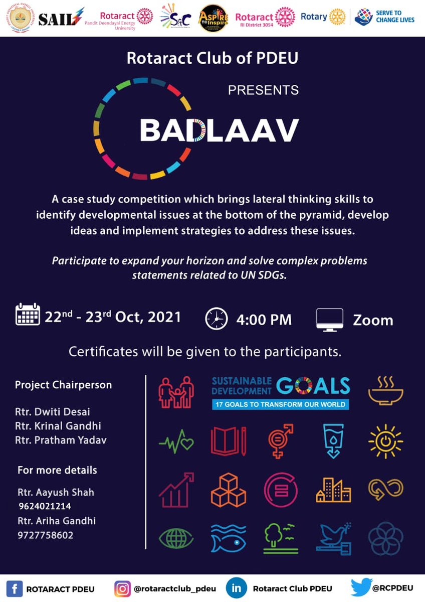 RCPDEU's tweet photo. 𝐑𝐨𝐭𝐚𝐫𝐚𝐜𝐭 𝐂𝐥𝐮𝐛 𝐨𝐟 𝐏𝐃𝐄𝐔 brings to you 𝑩𝑨𝑫𝑳𝑨𝑨𝑽

A case study competition where you solve one of the 16 problem statement given to you based on the 𝗨𝗡 𝗦𝗗𝗚𝘀.

Link to Register https://t.co/Zu65jiFIWb

#ThinkToChange 
#Sustainable
#SDG https://t.co/do60z7juNo