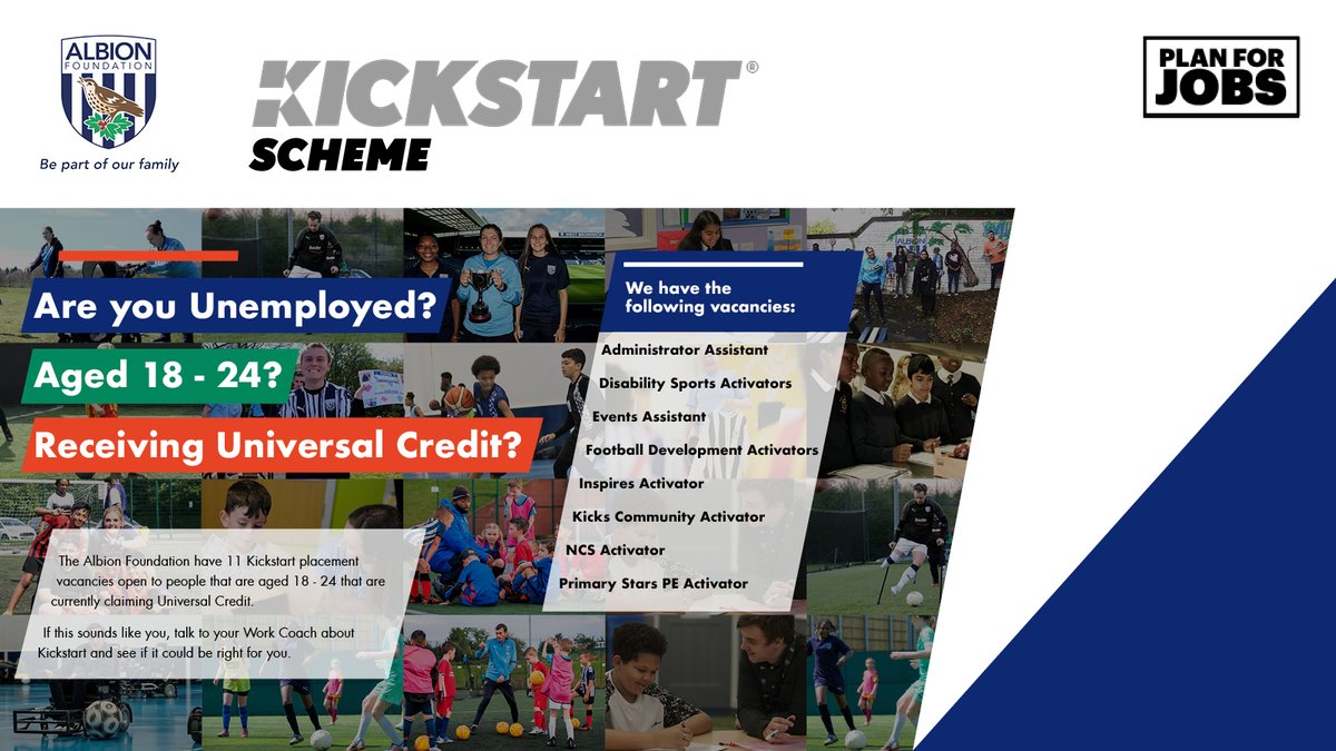 WBAFoundation's tweet photo. We have 11 KickStart placement vacancies open to people aged 18 - 24 that are currently claiming Universal Credit. 

If this sounds like you, talk to your Work Coach at your Job Centre.

@JCPinBirmingham | @JCPInTheBC | @JCPInWorcester https://t.co/L8bvPlgRXY