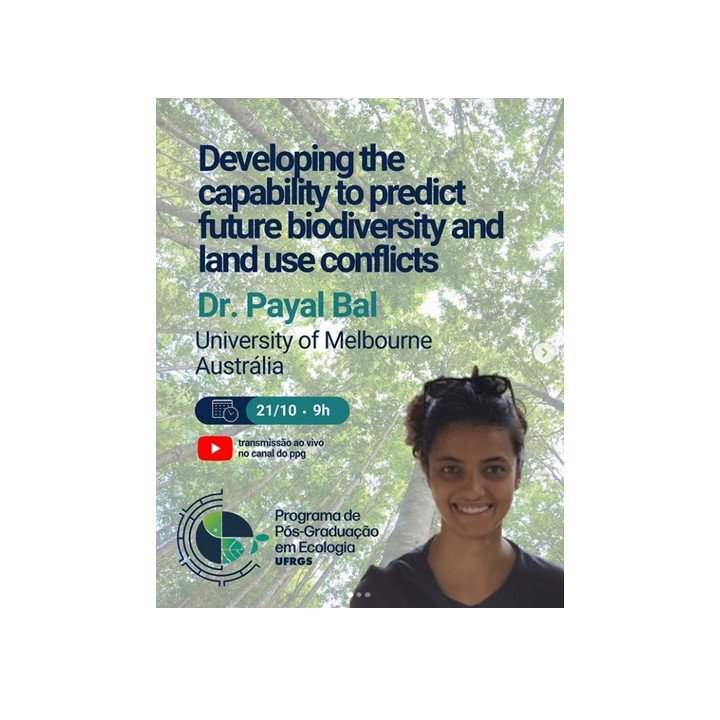 Tomorrow is the day to hear about an ecological-economic modelling framework to predict biodiversity and land-use trade-offs under scenarios of socio-economic and climate change!

Thursday, 9 AM BRT time, Dr.Payal Bal will talk at our international seminars on PPG Ecologia UFRGS.