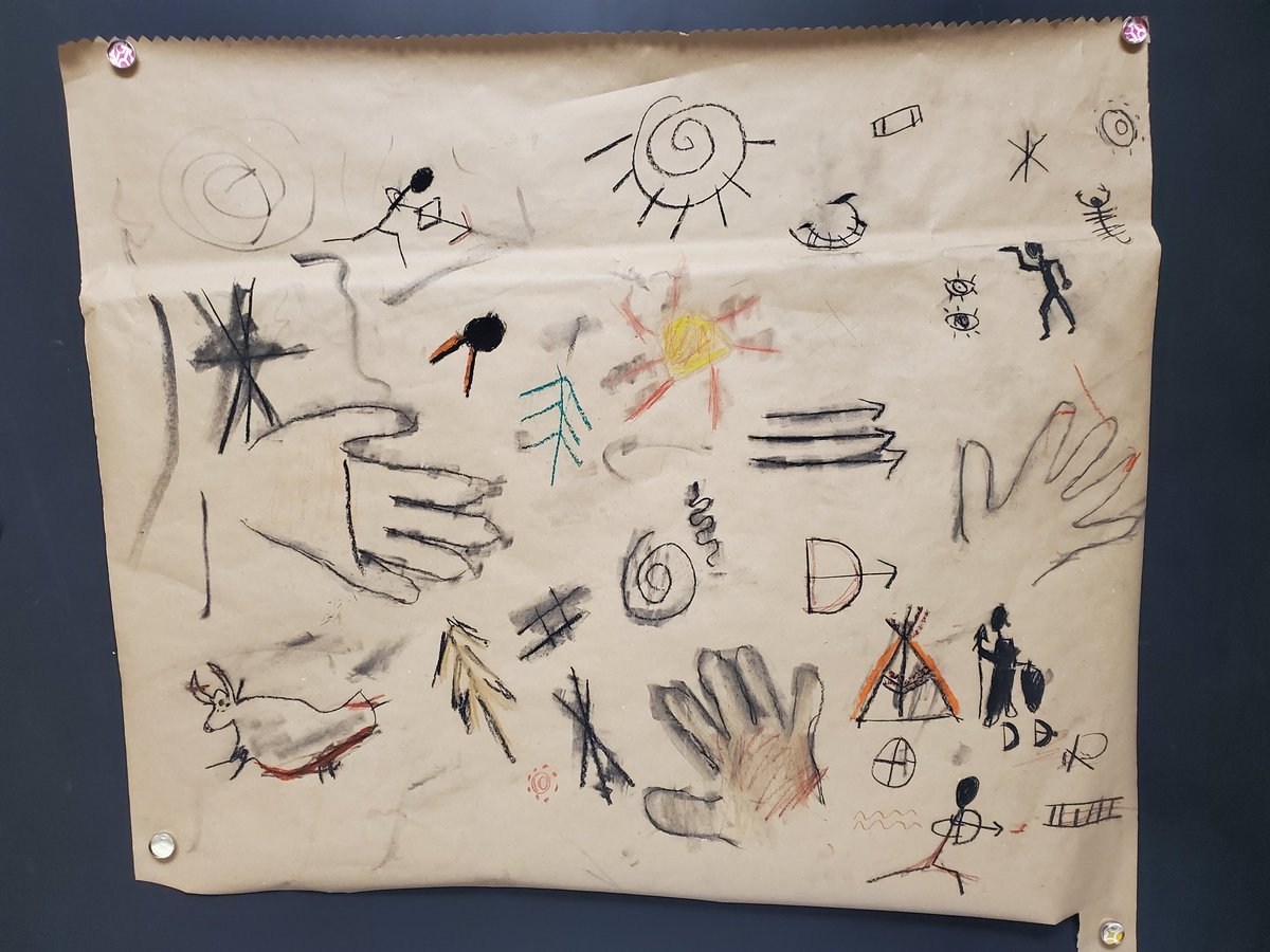 AnnaMMills's tweet photo. So I love my room this morning. The art work is awesome.  We did a summative project to recap what we have learned about the Paleolithic and Neolithic ages.  S's still have time to finish before we present.  Everything looks great! #wbwildcats #HowardRocks https://t.co/VQbrFybwAt