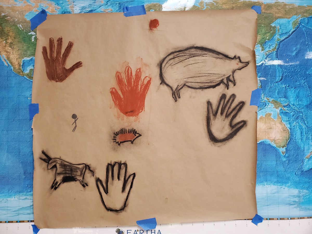 AnnaMMills's tweet photo. So I love my room this morning. The art work is awesome.  We did a summative project to recap what we have learned about the Paleolithic and Neolithic ages.  S's still have time to finish before we present.  Everything looks great! #wbwildcats #HowardRocks https://t.co/VQbrFybwAt