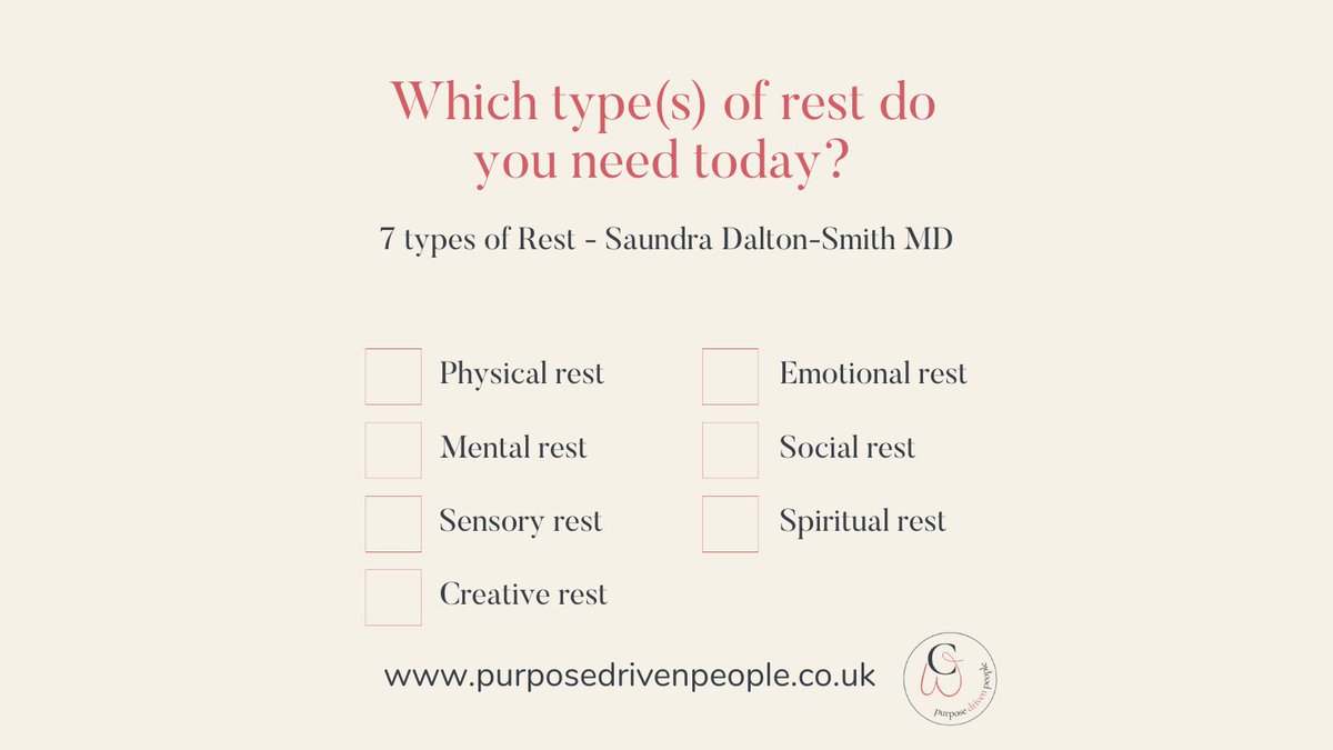 ClaireWarner's tweet photo. For some people I work with, the notion that rest and sleep aren't the same, and that waking rest is as important as sleeping rest, is a revelation
If you're one of them, this Ted Talk from Saundra Dalton-Brown on the 7 types of Rest will blow your mind
https://t.co/26WeW4fL0X https://t.co/vytaAu0VwE