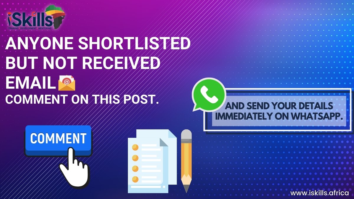 IskillsA's tweet photo. Anyone shortlisted but not received a confirmation email. 
Comment on this post!
And send your details immediately on whatsapp.
+237697266636
No request will be entertained after 22 Oct 2021. https://t.co/1obzOOP8ZZ