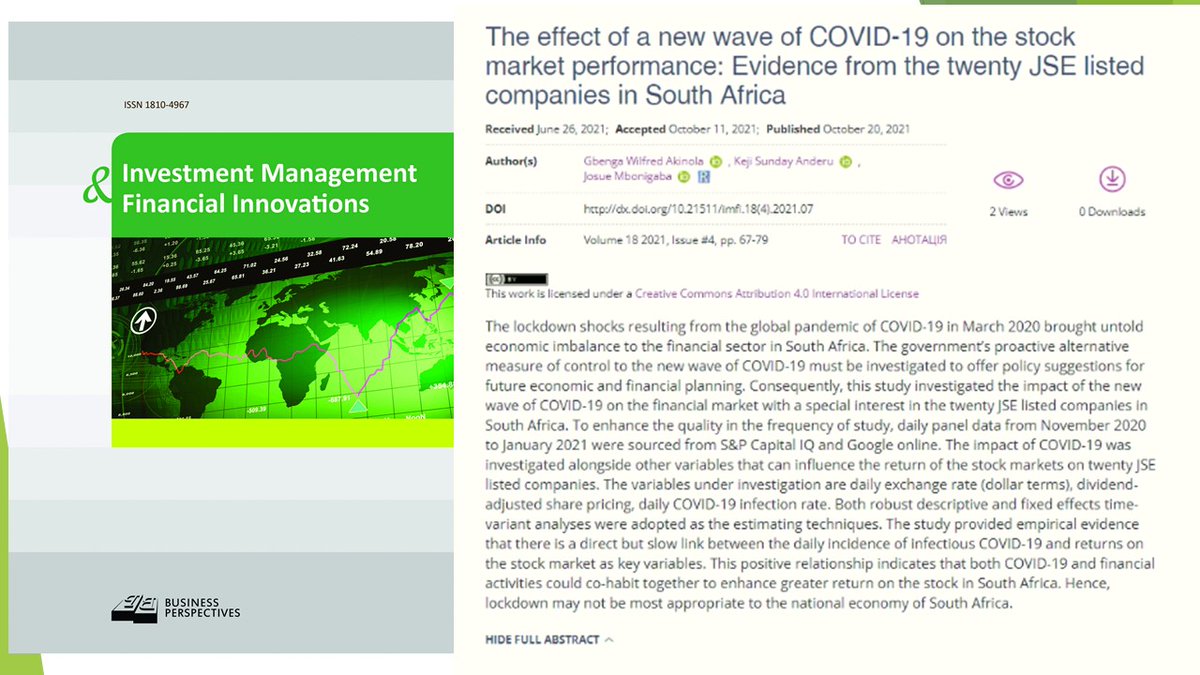 imfi_journal's tweet photo. 🖇️ https://t.co/Dlpzx2WQwf
☑️ The effect of a new wave of COVID-19 on the #stock market performance: Evidence from the twenty JSE listed companies in South Africa
👥 Gbenga Wilfred Akinola , Keji Sunday Anderu , Josue Mbonigaba
#cohabit, #COVID19, #economy, #fixedeffects, https://t.co/B3fki2ubiE