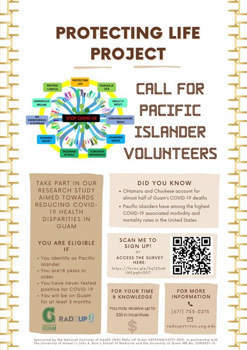 UOGTriton's tweet photo. Call for Pacific Islander Volunteers! Take part in the UOG RADx-UP: Protecting Life Project!

Up to $35 in incentives is available for qualified participants. See if you're eligible at https://t.co/FzIhLlH4hl. https://t.co/7NZqFk5C5Y