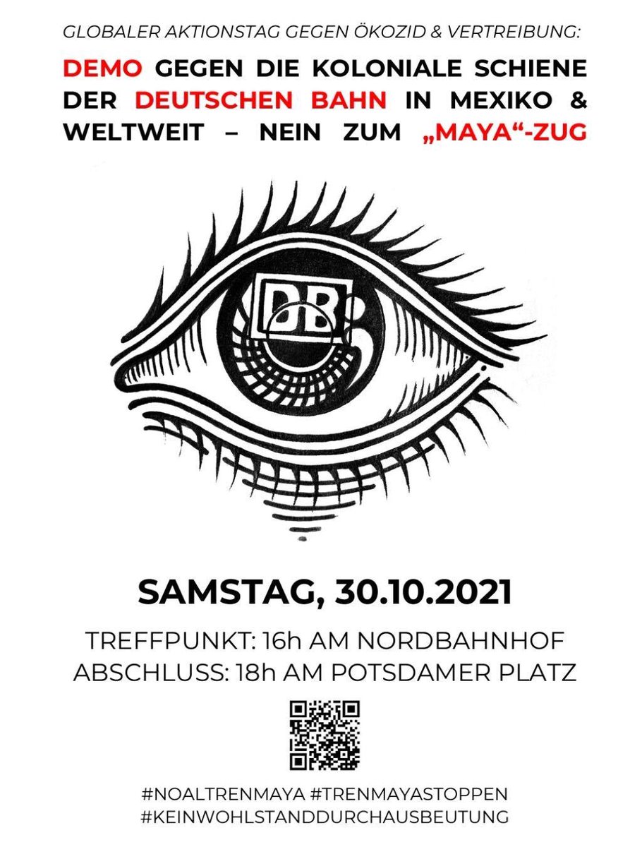 freundeskreisv's tweet photo. Demo gegen
DIE KOLONIALE SCHIENE DER DEUTSCHEN BAHN
Mani contra 
EL TREN COLONIAL DE LA DEUTSCHE BAHN

GLOBAL ACTION DAY
Sa 30.10.21

Gegen Ökozid &amp; Vertreibung Made in Germany 
Contra el ecocidio y desplacamiento Made in Germany

#CNI
#NoAlTrenMaya 
#TrenMayaStoppen https://t.co/1StT8KLRa3