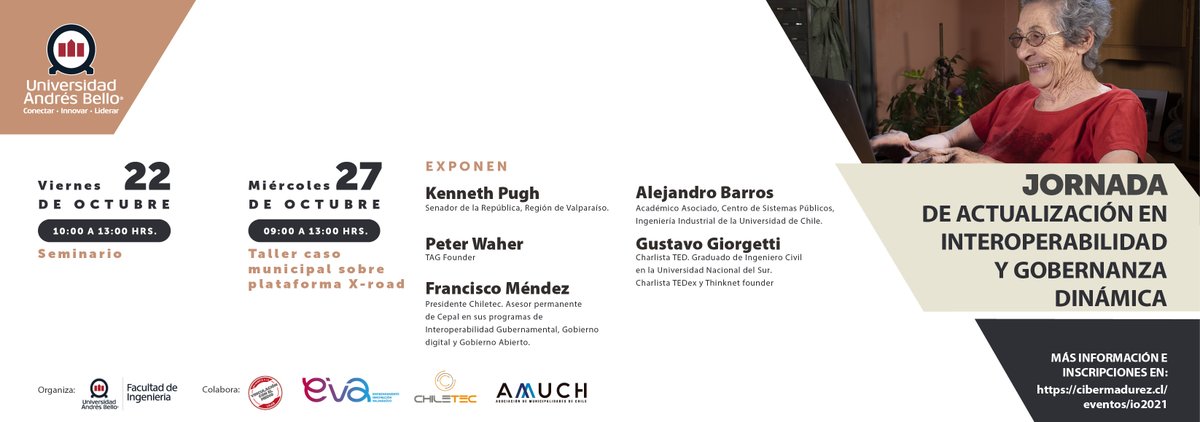 Viernes 22 seminario - Miércoles 27 taller (postulaciones hasta este viernes): JORNADA DE ACTUALIZACIÓN EN INTEROPERABILIDAD Y GOBERNANZA DINÁMICA - agenda.unab.cl/evento/jornada… #interoperabilidad #xroad #niis #ciberseguridad <a href="/Gus_Giorgetti/">Gustavo Giorgetti</a> <a href="/ChiletecOrg/">Chiletec</a> <a href="/alumniunab/">Alumni UNAB</a> <a href="/uandresbello/">U. Andrés Bello</a>