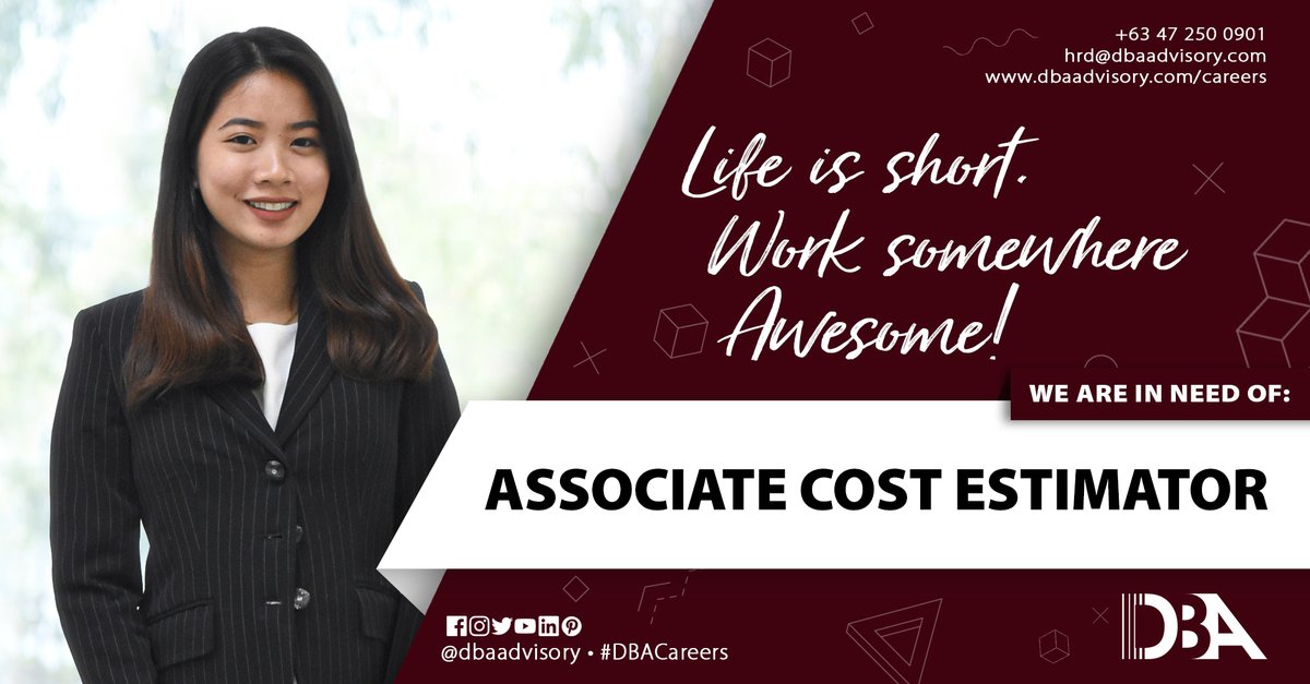 Do you have the ability to identify factors affecting costs, e.g., production time, materials, labor, etc. accurately? 

If your answer is yes, then WE WANT YOU!

Upload a copy of your updated resume or CV @ dbaadvisory.com/associate-cost…

#DBAAdvisory #DBACareers #CostEstimator