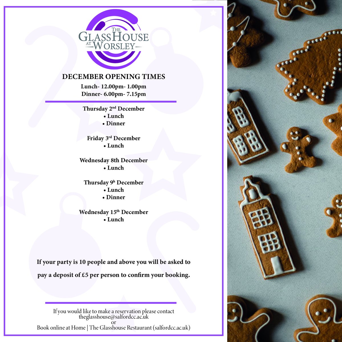 Here are our December opening times🎄
Would you like to try our fantastic student made food?
Place your booking at;
theglasshouse.salfordcc.ac.uk/home/