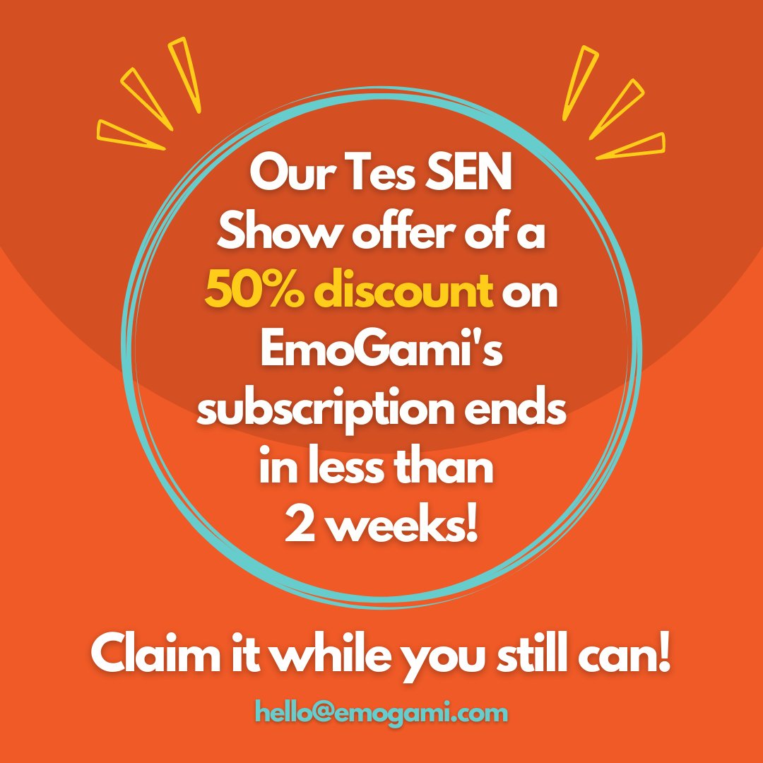 QuadEmoGame's tweet photo. Did you visit us at the #TesSENShow? Then don't miss out on getting your school a 50% discount on EmoGami's subscription!
Claim the offer before 31st October. It's a risk-free subscription with a FREE trial until 30 November.
#Edtech #Edugames #edutwitter #teachertwitter https://t.co/FENSjqCFYA