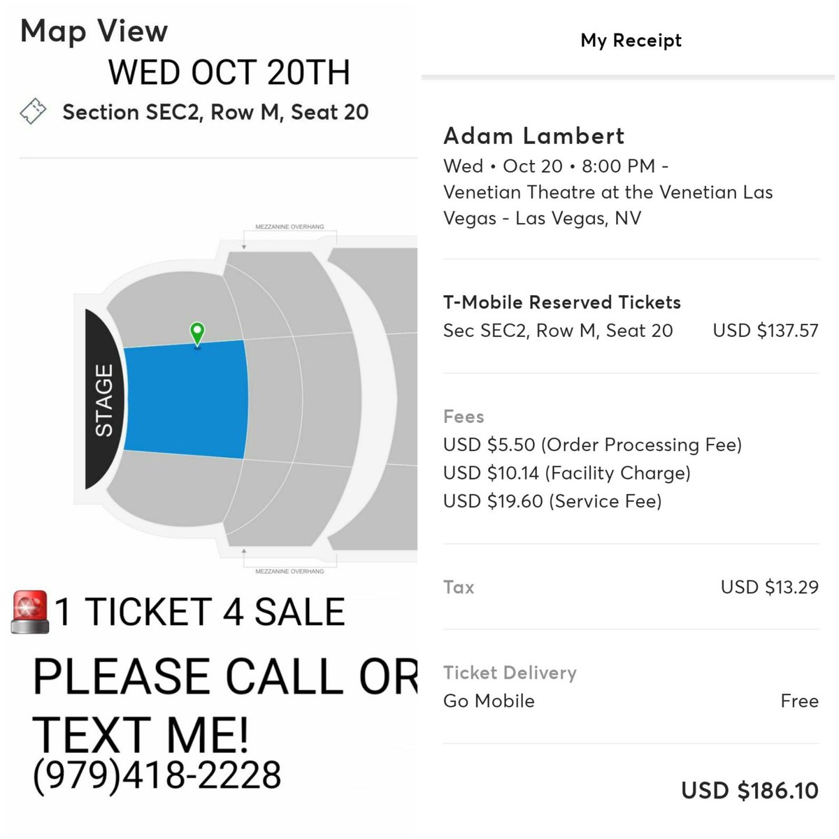 GeralynK's tweet photo. 🚨URGENT MESSAGE🚨
I made a boo-boo &amp; purchased a ticket for @adamlambert in concert, at the Venetian, Vegas for WEDNESDAY OCTOBER 20TH. 
My trip is scheduled for NEXT WEEK &amp; concert on Wed. 10/26. Anyone need a GREAT ticket or know of someone? 4sale at cost $186.
*PLEASE SHARE* https://t.co/oaqUafQASD