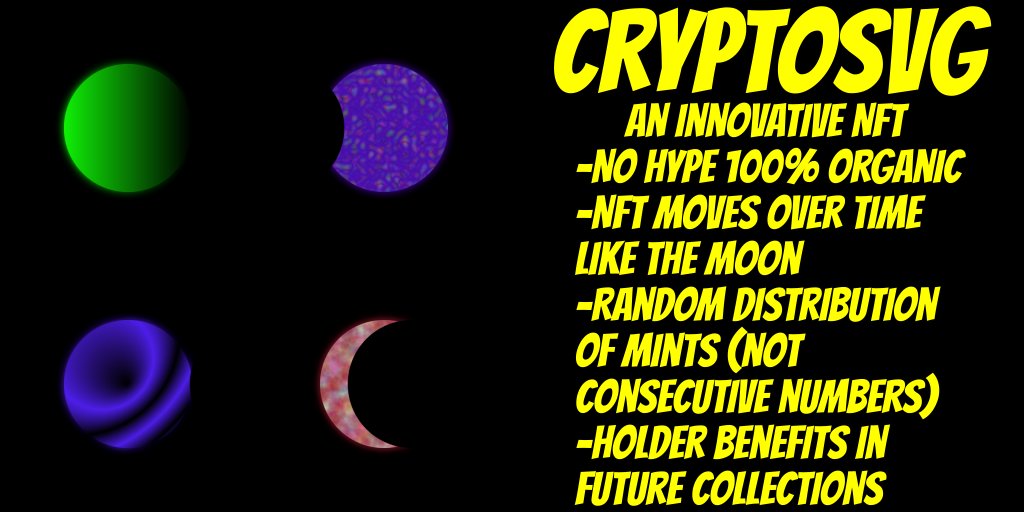 MrYellow1899's tweet photo. @CryptoSVGNFT love this project, no hype, the art looks beautiful and is #onchain. What other NFT can you get at 0.009 mint price that moves when you refresh the metadata in Opensea? You can also do it in the discord with the moonbot #NFTs #NFTCommunity @kboiciuc @CryptoBooty69 https://t.co/WOqslEsftY