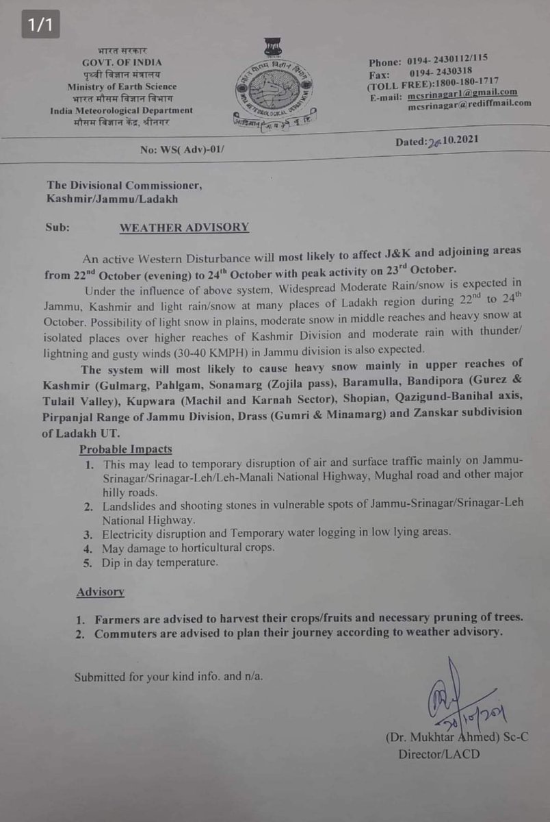 KashmirWeather's tweet photo. (((Kashmir Weather)))

Weather advisory during 22nd Oct (evening) to 24 th October... https://t.co/HyRj8Lnxkm