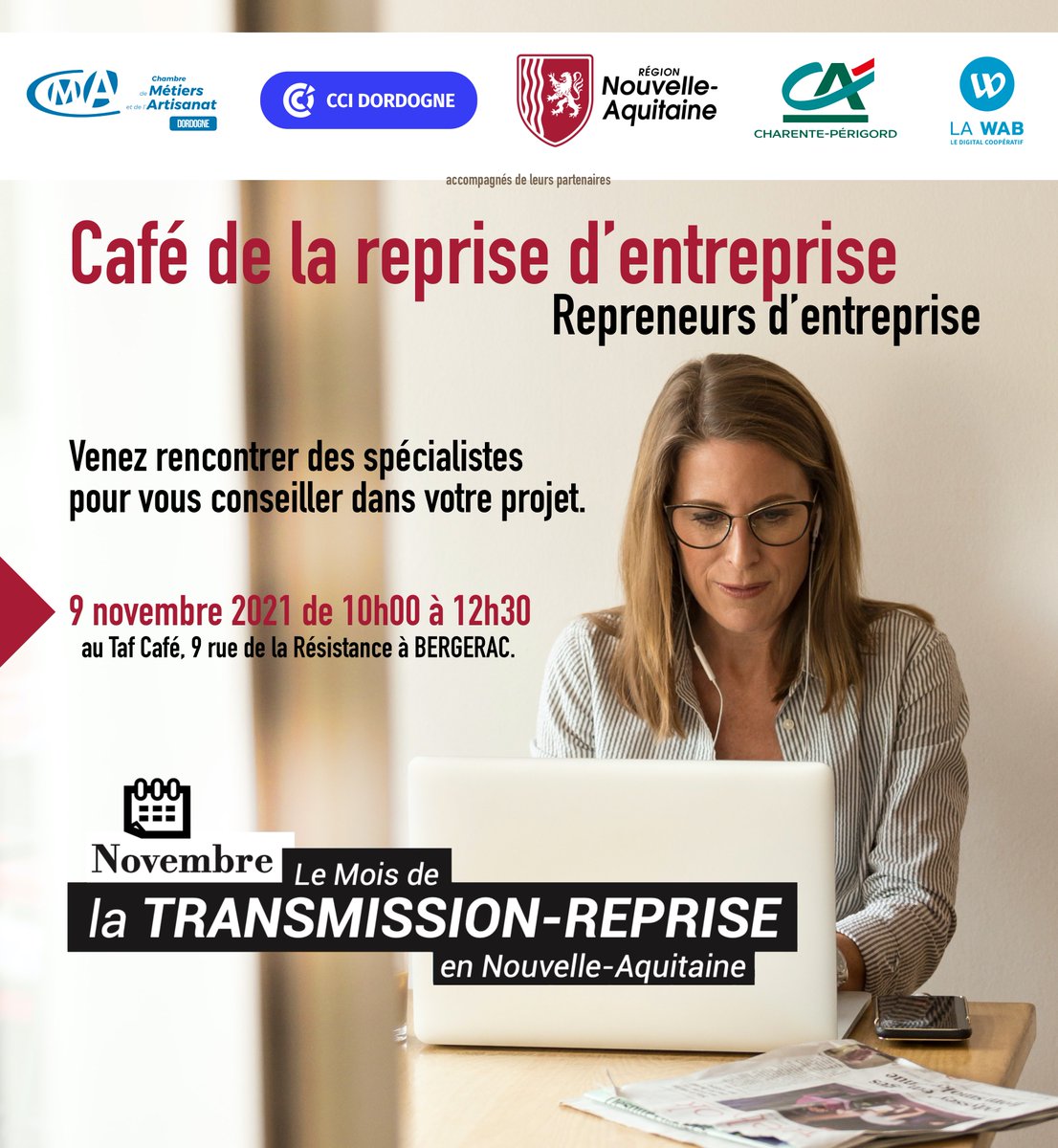 Gmalbert92's tweet image. un projet de reprise d'entreprise? Venez rencontrer des spécialistes qui vous guideront dans vos démarches. Rendez-vous le 9 novembre de 10h00 à 12h30 au TAf Café à Bergerac