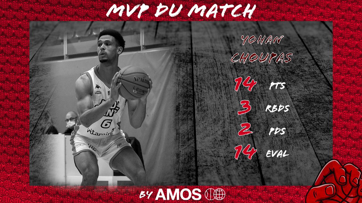 𝙈𝙑𝙋 𝘿𝙐 𝙈𝘼𝙏𝘾𝙃 𝙗𝙮 @AMOS_Lille 𝗬𝗼𝗵𝗮𝗻 𝗖𝗛𝗢𝗨𝗣𝗔𝗦 Un match plein de culot, du haut de ses 21 ans, face à une Betclic Elite. ⏱️21 min 🏀14 pts 🎯4/9 aux tirs 💪3 rbds 🎁2 pads 👮‍♂️3 fps 📊14 d'éval #redGIANTS 🔴⚪️