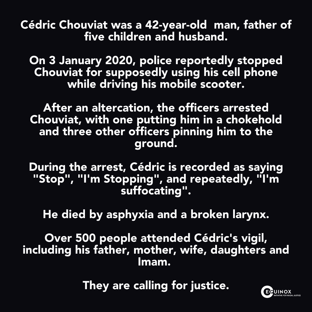 #JusticePourCédric 

Cédric #Couviat was a delivery man, father and husband.

He died after French police pinned him to the ground and put him in a chokehold. 

His last words were pleading: "Stop."

We ask: who protects us from the police?