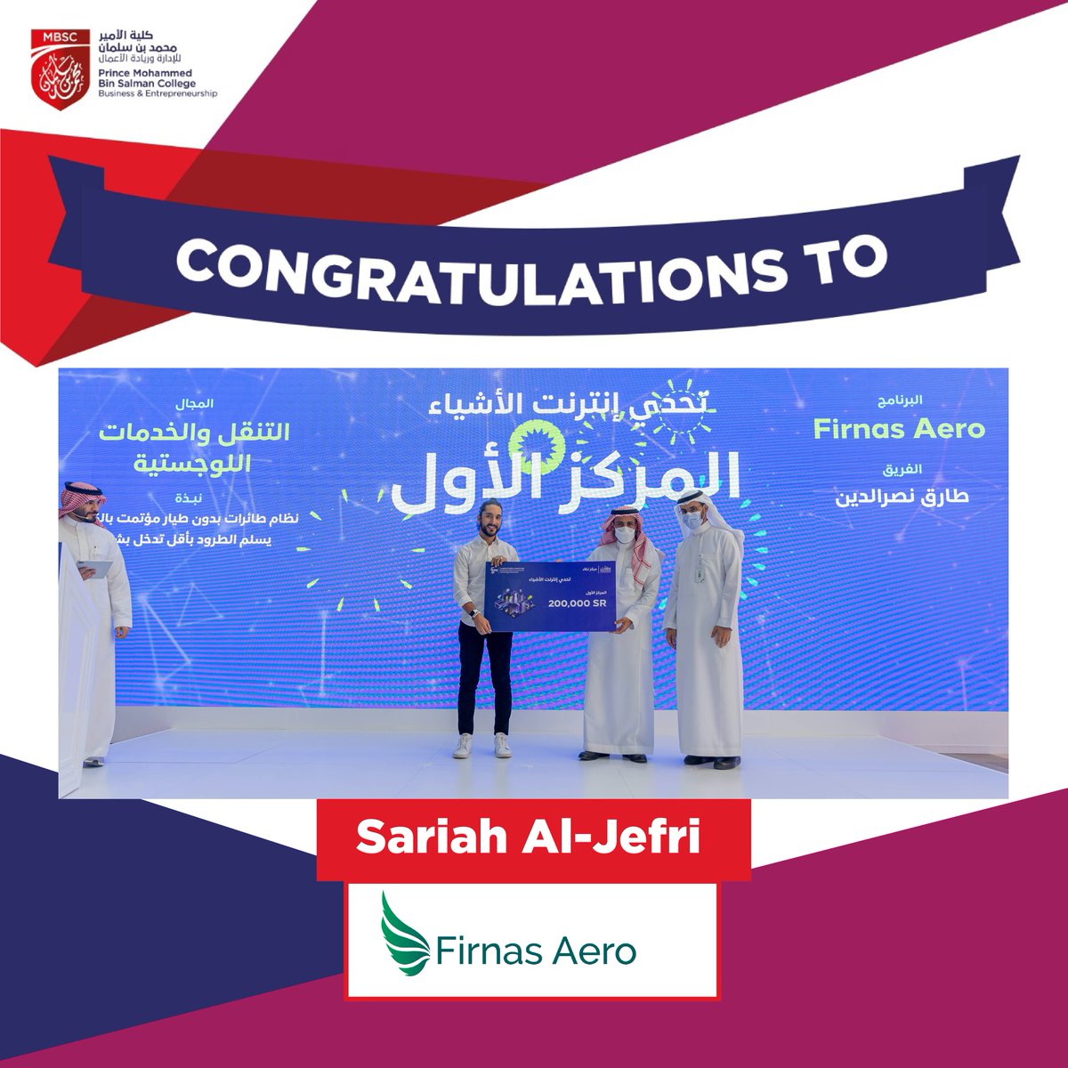 mbsckaec's tweet photo. Congratulations to @Firnas_aero_ for winning 1st place in the IoT Challenge by @Thakaa_Center, which was co-founded by our Alumnus, @SariahAljefri. 

Your MBSC family is proud of you! Your success is our success. https://t.co/gbSRXdTKLr