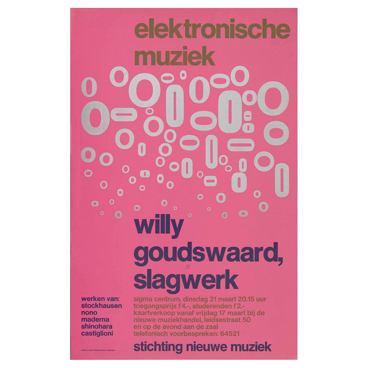 deptofdev's tweet photo. Once again a joyful Gielijn Escher poster design: Elektronische Muziek, Willy Goudswaard, slagwerk in Sigma Centrum, Kloveniersburgwal, Amsterdam. Printed at Biljetdrukkerij Amsterdam, in 1967. #dutchgraphicdesign https://t.co/zm7At936dZ