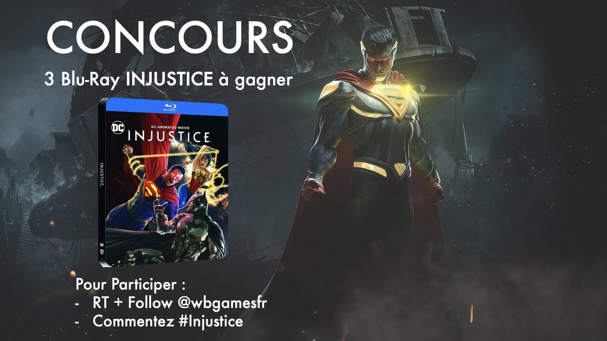 wbgamesfr's tweet image. ⚡️ CONCOURS INJUSTICE ⚡️
Pour la sortie du film d'animation INJUSTICE, on vous propose de remporter 3 Blu-ray 🥳
👉 Pour participer : 
🔁 RT + Follow @wbgamesfr
👩‍💻 Mettre en com' le #Injustice  
🍀 TAS le 27/10
Bonne chance 🤞