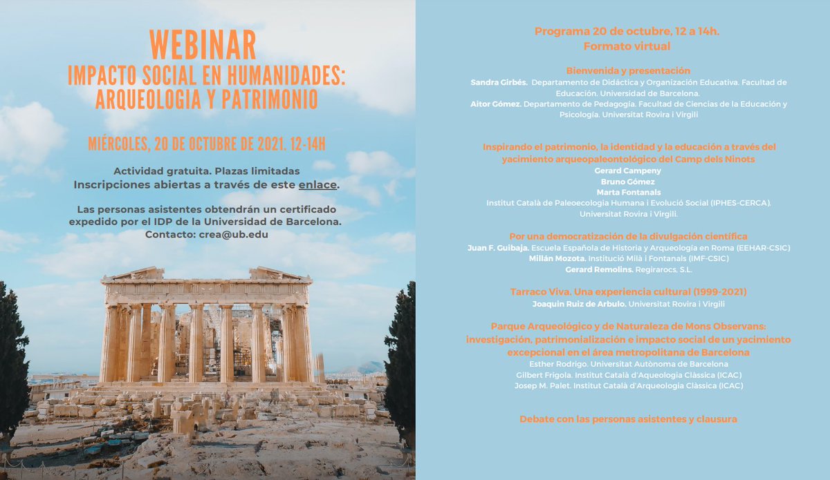 GIAP_ICAC's tweet photo. 👀Avui a les 12h!

Hi participem parlant de #MonsObservans: investigació, patrimonialització i impacte social d'un jaciment excepcional a l'àrea metropolitana de Barcelona 

Amb Esther Rodrigo @CAEMdepUAB, @JosepMariaPalet  i Gilbert Frigola @ICAC_cat

@MonsObservans #Net4Impact https://t.co/MWncEQIttE