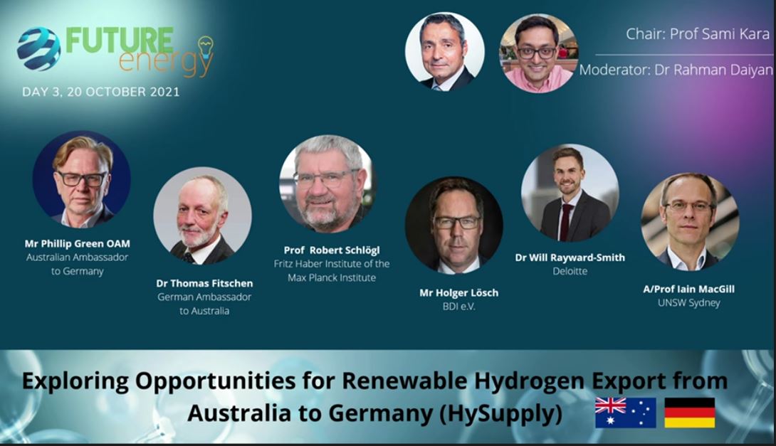 Hear it from the experts: shipping #GreenHydrogen from Australia is a realistic future. Great to join the #HySupply team at the Future Energy Conference to share our vision for a carbon neutral future based on 🇦🇺-🇩🇪‘s deep complementarities in #H2.
@AusAmbEnviro <a href="/GlobH2E_UNSW/">Global Hydrogen Economy</a>