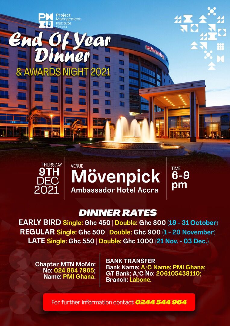 PMIGHChapter's tweet photo. Don't be left out!!
Save your seat at this year's grande dinner with an early bird ticket while stock lasts.

#PMI #PMIGh #PMIGhana #PMIGhChapter #PMIGhanaChapter #AnniversaryDinner #PMIGhanaAt10 #PMIGh10 #10thAnniversary https://t.co/lPNzeGGhpm