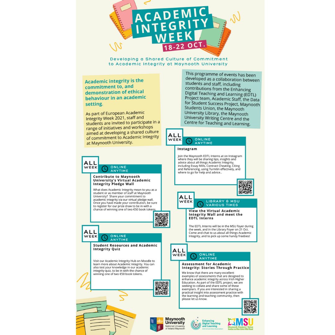 MU Dean of Teaching & Learning (@mu_dtl) on Twitter photo As part of European Academic Integrity Week 2021, MU staff and students are invited to participate in a range of initiatives and workshops aimed at developing a shared culture of commitment to Academic Integrity at Maynooth University. Event details:
tinyurl.com/muacademicinte… As part of European Academic Integrity Week 2021, MU staff and students are invited to participate in a range of initiatives and workshops aimed at developing a shared culture of commitment to Academic Integrity at Maynooth University. Event details:
tinyurl.com/muacademicinte…