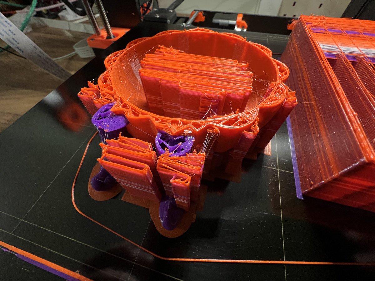 barrywebb1's tweet image. 😒Attempt #1 didn’t make it.

Not entirely sure what went wrong yet. Looks like a clog but the purple stopped printing long before the orange. Needs investigation at lunch time.

Not too annoyed as wasn’t 100% happy with the purple. Will try again on the weekend.

#3dprintingfail