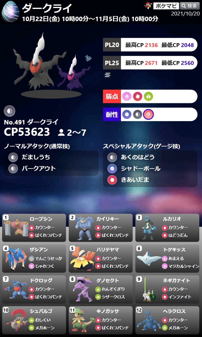 ポケモンgo攻略情報 ポケマピ Youtube更新 ダークライ対策 ヘドロばくだんを覚えたダークライ初登場 対策ポケモン12選 弱点 個体値100 Cp おすすめメガシンカポケモン など 動画 T Co N0q5ge6r1k ポケモンgo ポケモンgoレイド